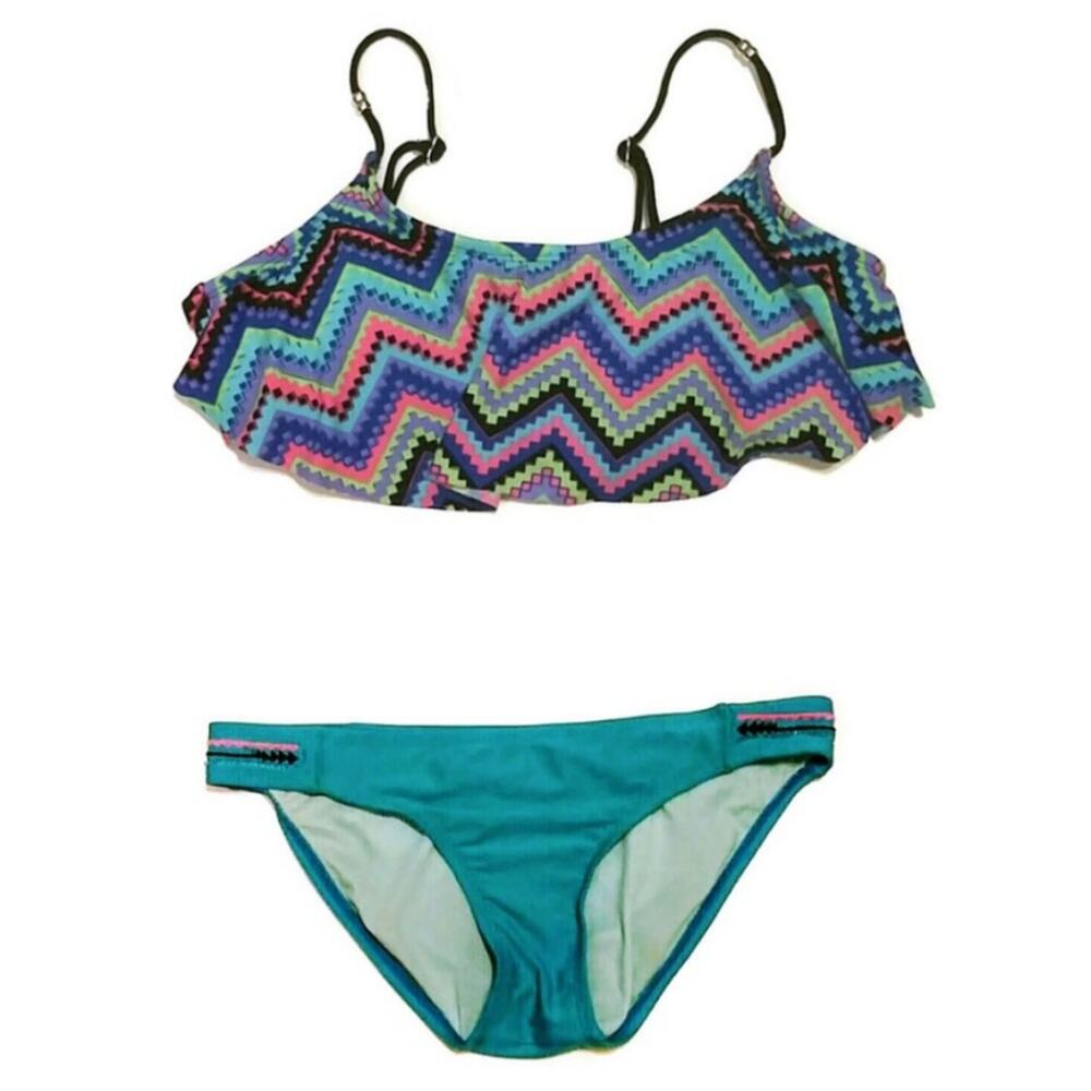 XHILARATION‎ Women's Blue Pink Zig Zag Flounce Bikini Top Aqua Bottom Lined Sz M